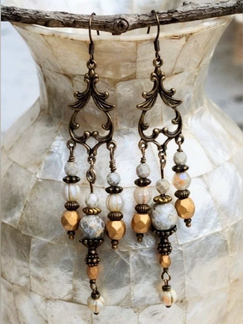 Victorian Rustic White & Etched Gold Glass In Feminine Antique Bronze Earrings